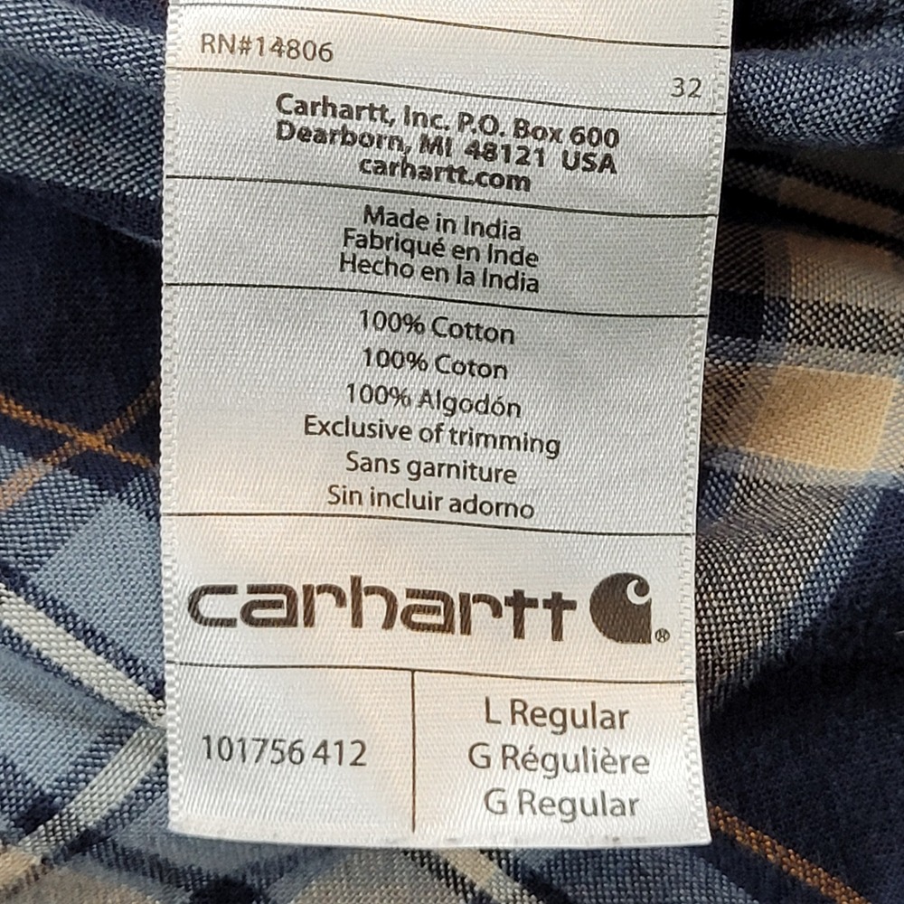 Carhartt Mens Relaxed Fit Plaid Long Sleeve Button Down Shirt Blue Tan Large - Picture 4 of 6